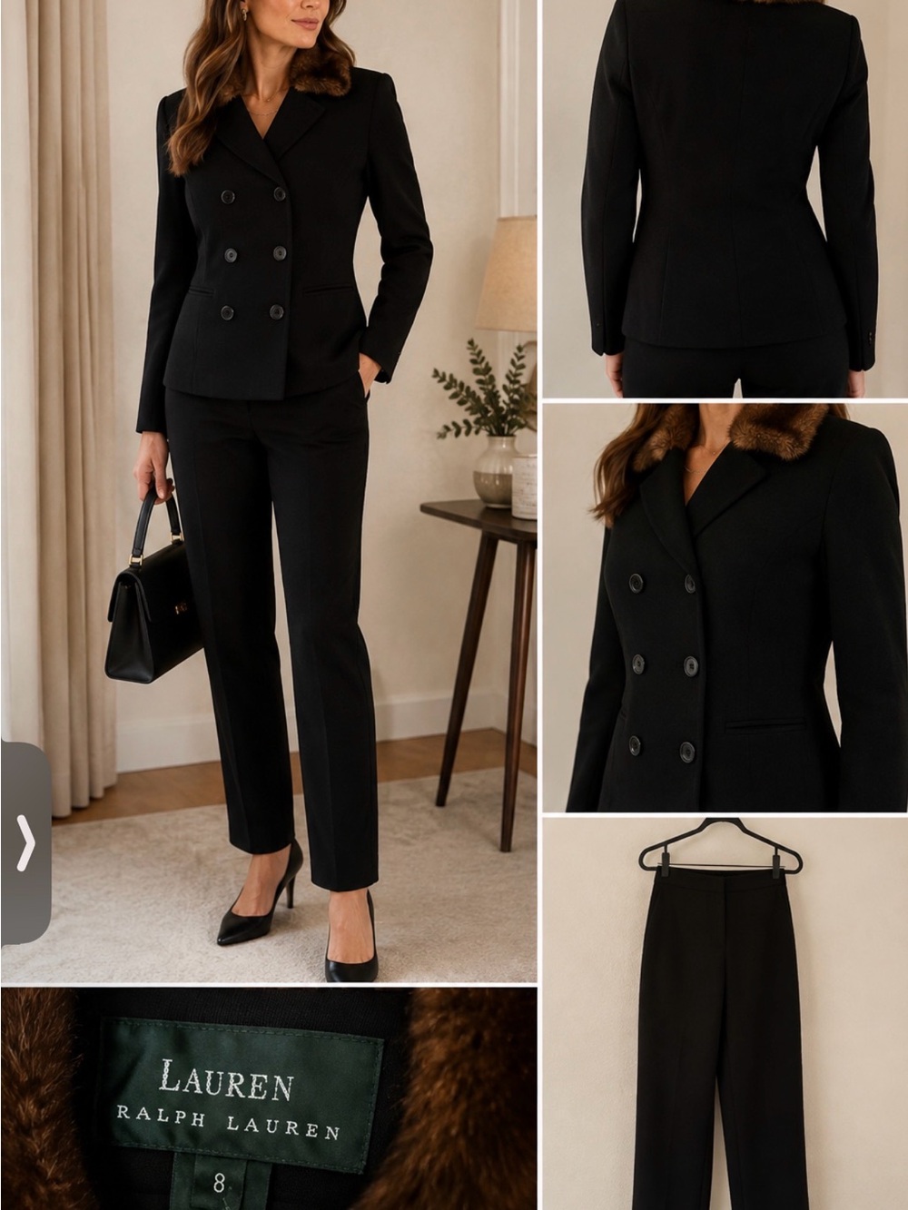 Ralph Lauren Black Double-Breasted Pantsuit with Faux Fur Collar Pants 6 size